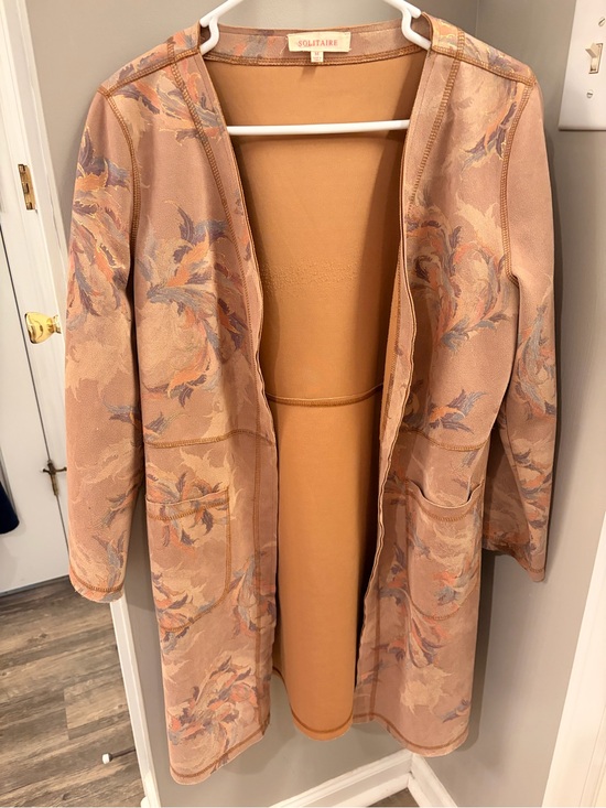 Solitaire Jackets & Blazers - Solitaire Open-Front Cardigan Jacket - Peachy Tan with Muted Blue Accents